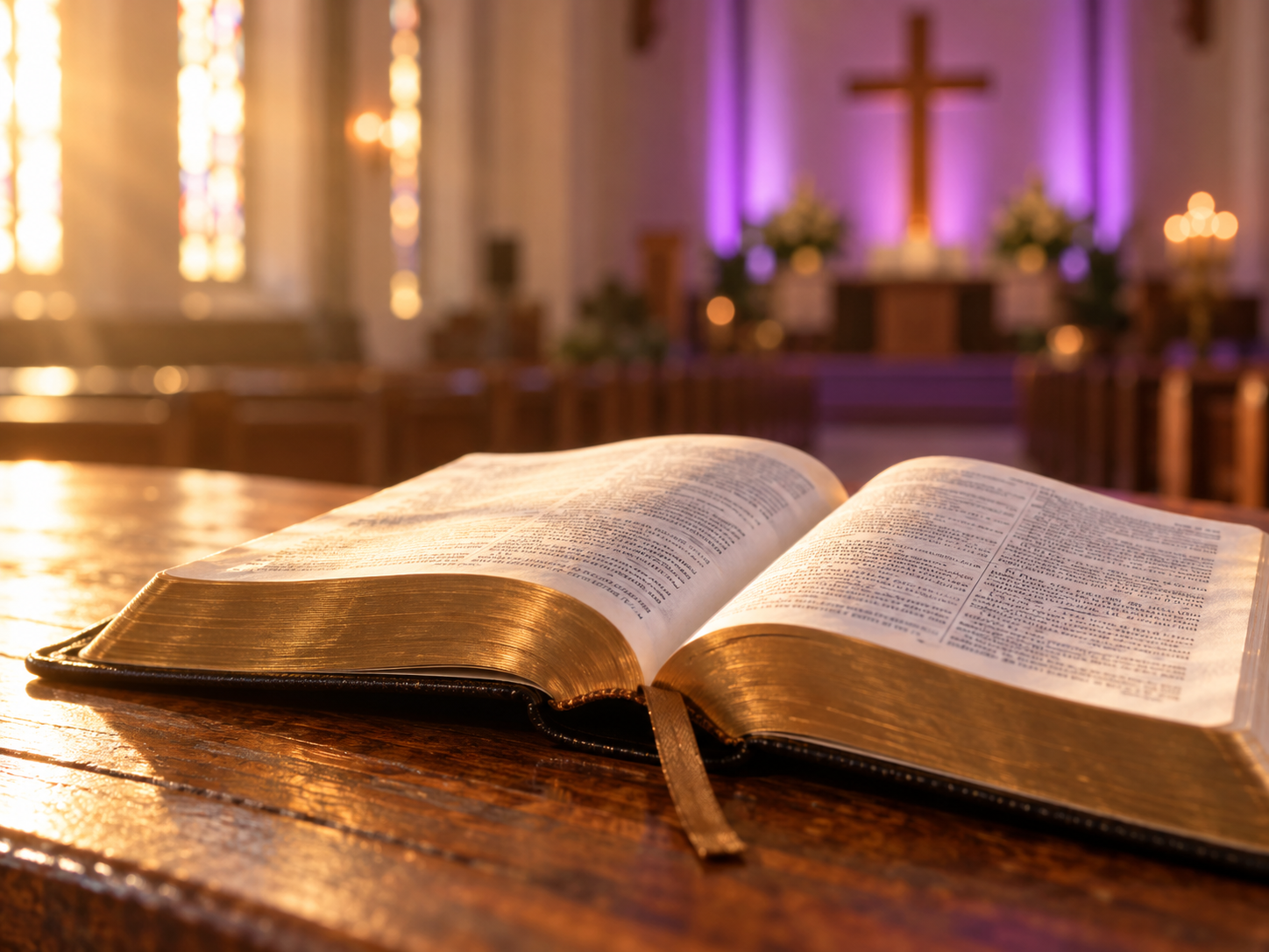 An open Bible in warm light