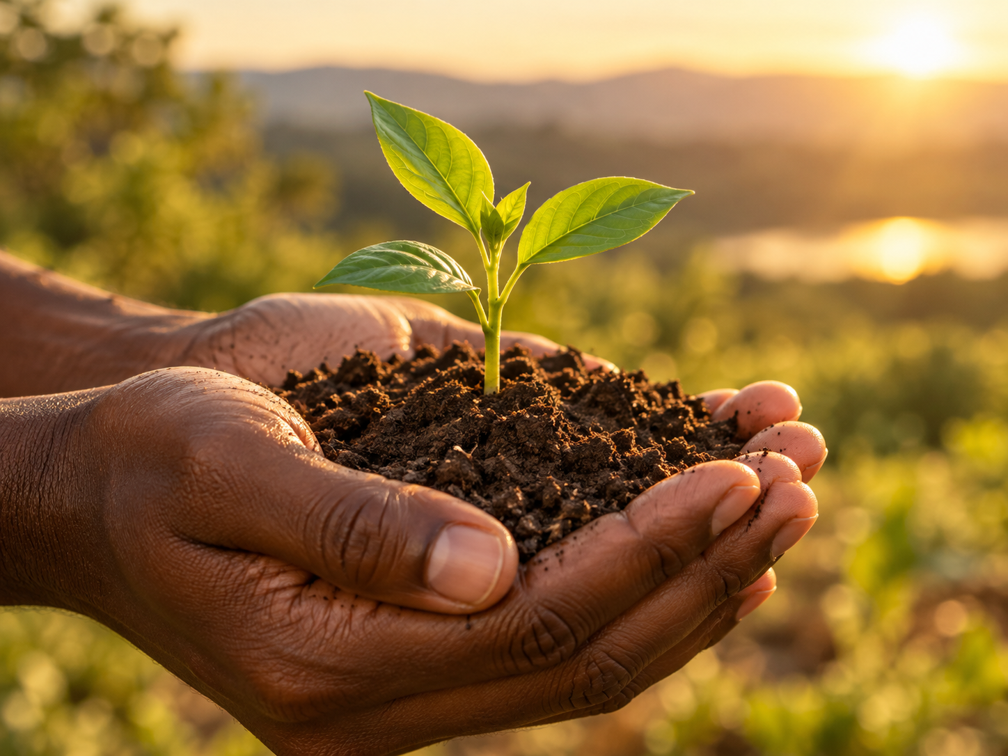 Hands holding a growing seedling
