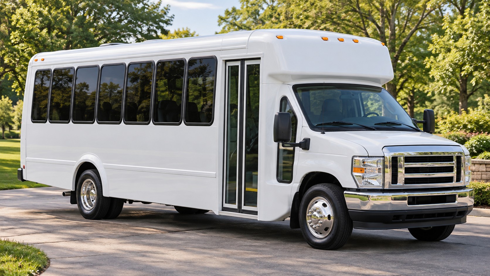 Illustration of a small white 15-passenger shuttle bus for the upcoming Grace on Wheels program