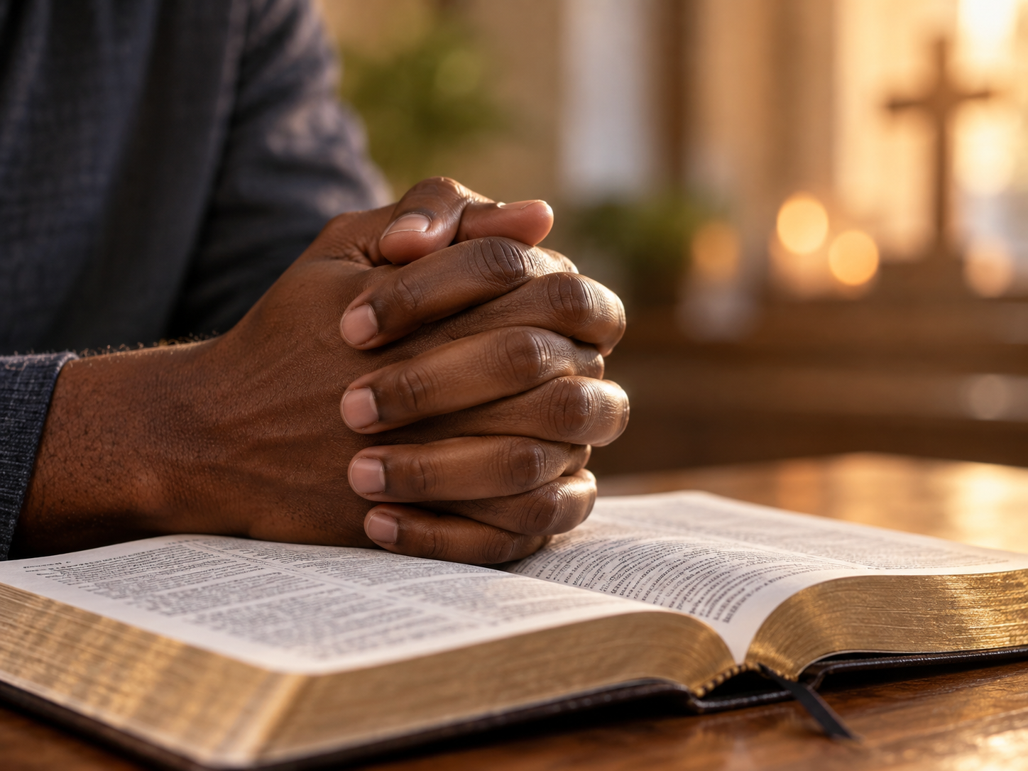 Hands clasped in prayer over a Bible